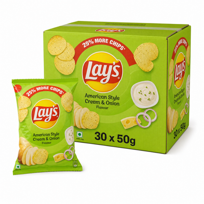 Lays American Style Cream & Onion 50g Box with snacks and packaging, showcasing crispy potato chips.