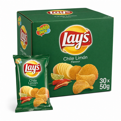Lays Chile Limon 50g Box featuring a 30-pack of crispy Chile Limon potato chips with bold flavors.