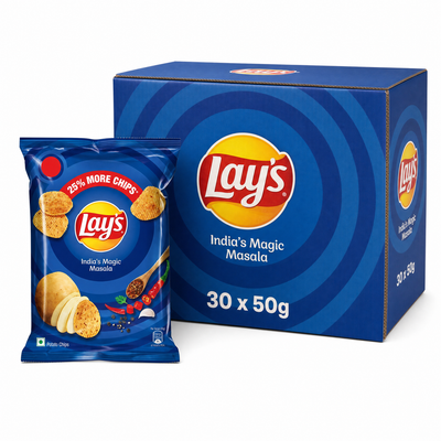 Lays India's Magic Masala 50g Box with chips packaging and carton, featuring the distinctive flavor and branding.