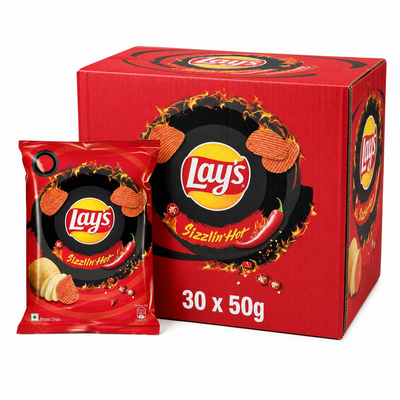 Lays Sizzling Hot 50g Box with fiery potato chips packaging, ideal for spice lovers.