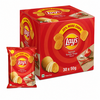 Lays Spanish Tomato 50g Box packaging featuring potato chips with rich tomato seasoning.