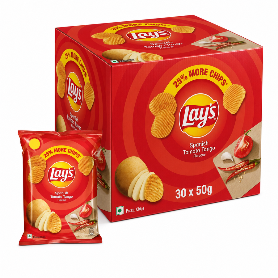 Lays Spanish Tomato 50g Box packaging featuring potato chips with rich tomato seasoning.