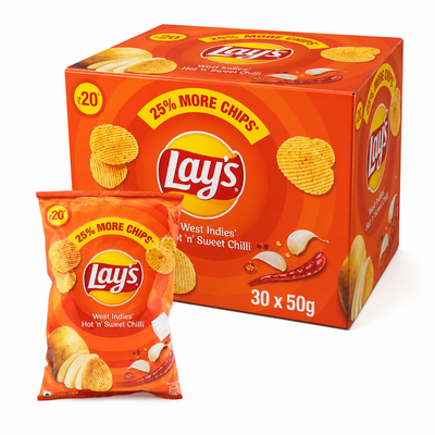 Lays West Indies Hot N Sweet Chilli 50g Box packaging with individual packets and crispy chips.