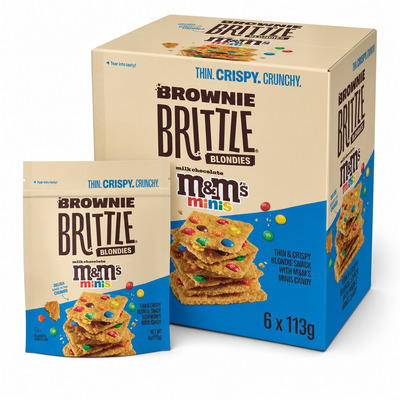 M&M Minis Blondie Brittle 113g Box featuring crispy blondie snack with colorful mini M&Ms in a box of 6.