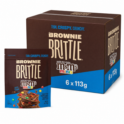 M&M Minis Brownie Brittle 113g Box featuring chocolate brownie brittle with Mini M&Ms, packaged in a box.