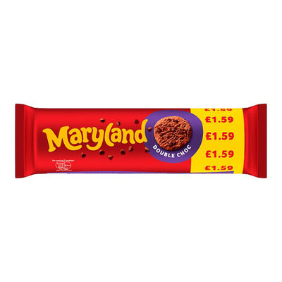 Maryland Cookies Double Choc Box packaging featuring rich chocolate biscuit and chocolate chips, priced at £1.59.