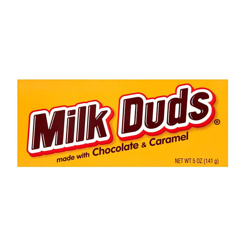 Milk Duds Theatre Box 141g Box featuring chewy caramel and chocolate, perfect for movie nights.