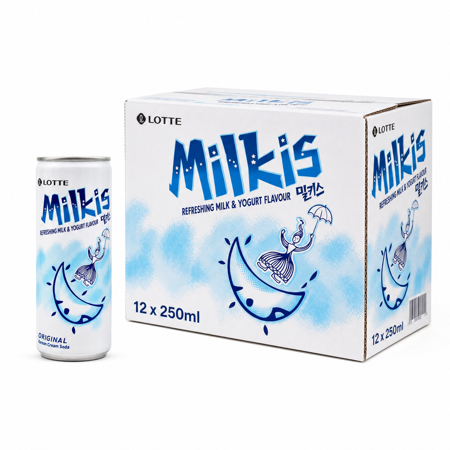Milkis Cream Soda 250ml Original Box featuring 12 cans of refreshing milk and yoghurt flavour in a stylish box.