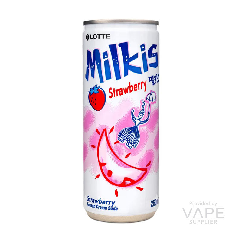 Milkis Cream Soda 250ml Strawberry Box featuring a vibrant can design with a strawberry theme.