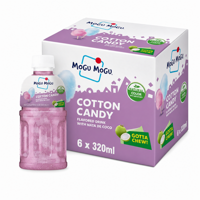Mogu Mogu Cotton Candy 320ml Box with bottle and packaging, featuring a sweet cotton candy flavored drink.