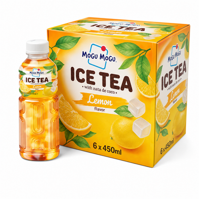 Mogu Mogu Ice Tea 450ml Lemon Box featuring a bottle and box of iced lemon tea with nata de coco.