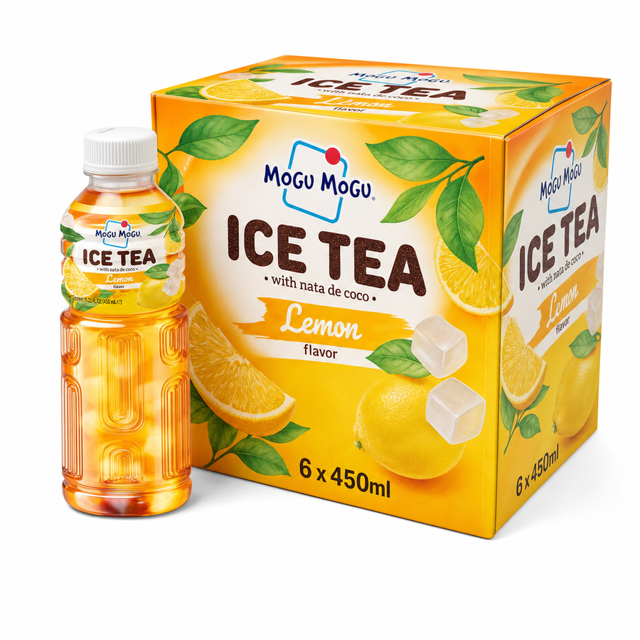 Mogu Mogu Ice Tea 450ml Lemon Box featuring a bottle and box of iced lemon tea with nata de coco.