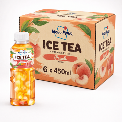 Mogu Mogu Ice Tea 450ml Peach Box displayed with a bottle and packaging featuring peach flavor and nata de coco.