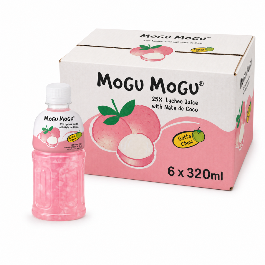 Mogu Mogu Lychee 320ml Box with pink lychee juice and nata de coco in a bottle next to its packaging.