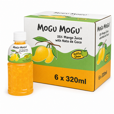 Mogu Mogu Mango 320ml Box featuring a bottle and box of mango juice with nata de coco.