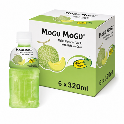 Mogu Mogu Melon 320ml Box featuring melon flavored drink with nata de coco, 320ml packaging.
