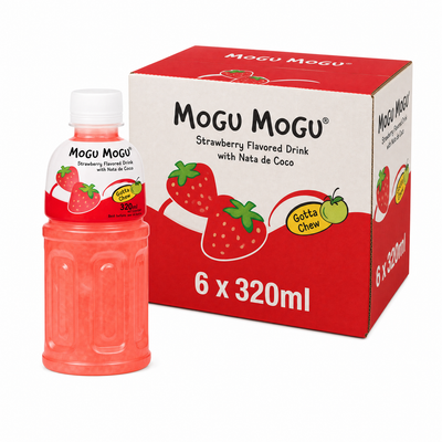 Mogu Mogu Strawberry 320ml Box, featuring strawberry flavored drink with nata de coco, refreshing and fruity.