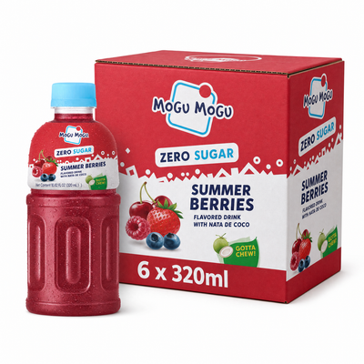 Mogu Mogu Zero Sugar 320ml Summer Berries Box with flavored drink and nata de coco jelly.