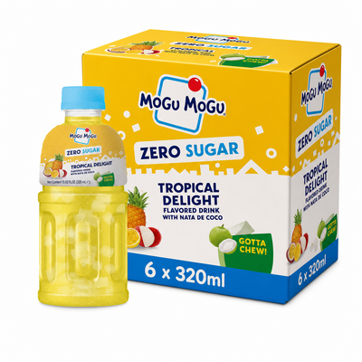 Mogu Mogu Zero Sugar 320ml Tropical Delight Box with bottle and packaging.