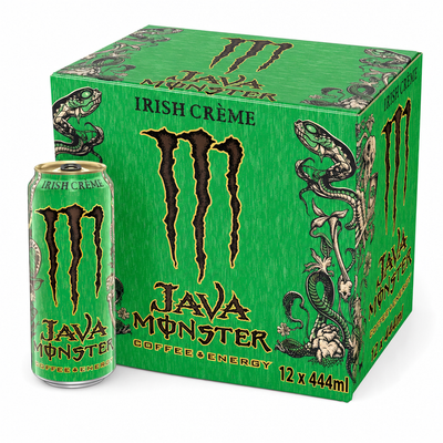 Monster Coffee Energy 444ml Java Irish Cream Box with can and packaging design, featuring Irish crème flavor.
