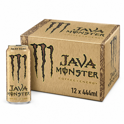 Monster Coffee Energy 444ml Java Mean Bean Box with can and packaging, perfect for coffee lovers.