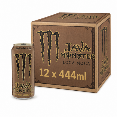 Monster Coffee Energy 444ml Loca Moca Box - package and can of mocha energy drink.