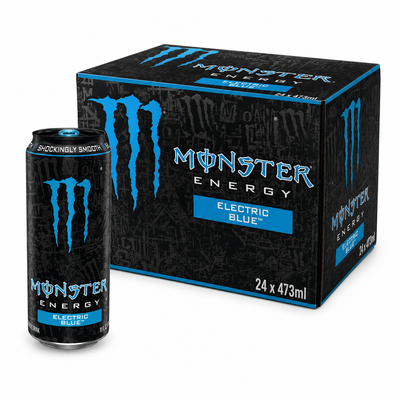 Monster Energy Electric Blue 473ml Box featuring a can and box packaging, perfect for energy drink enthusiasts.