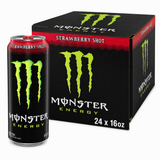 Monster Energy Strawberry Shot (16oz) Box with can and packaging showcasing vibrant strawberry flavor.