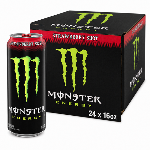 Monster Energy Strawberry Shot (16oz) Box with can and packaging showcasing vibrant strawberry flavor.