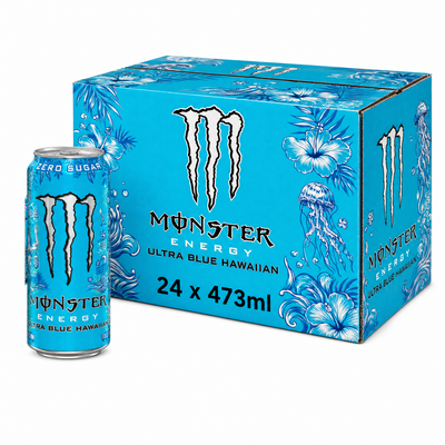 Monster Energy Zero Sugar 473ml Ultra Blue Hawaiian Box with can and packaging design, featuring tropical elements and vibrant colors.