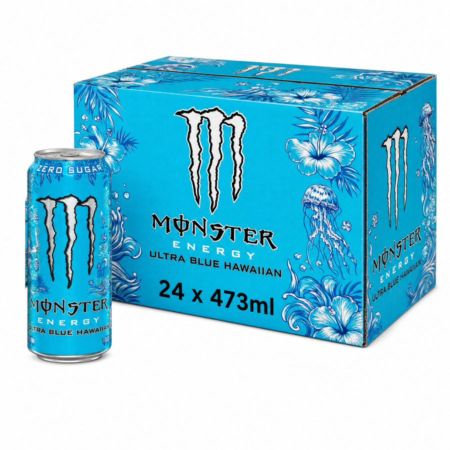 Monster Energy Zero Sugar 473ml Ultra Blue Hawaiian Box with can and packaging design, featuring tropical elements and vibrant colors.