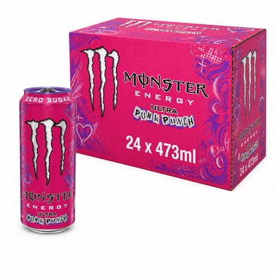 Monster Energy Zero Sugar 473ml Ultra Punk Punch Box with vibrant can and packaging, showcasing fun fruity flavor.