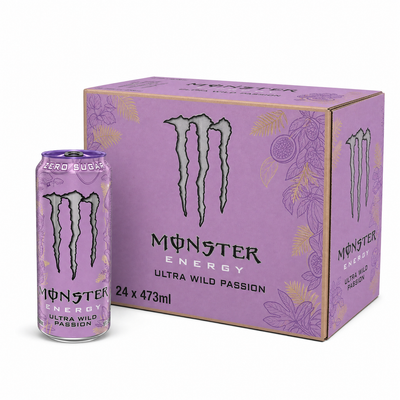 Monster Energy Zero Sugar 473ml Ultra Wild Passion Box with can, featuring vibrant packaging and bold flavors.