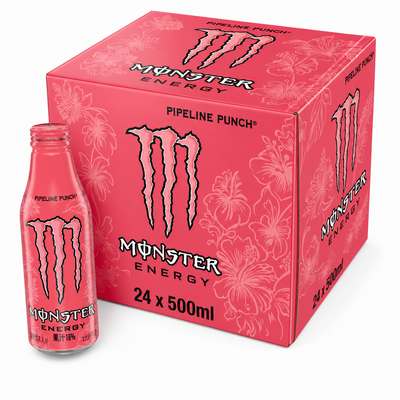 Monster (Japan) Energy Pipeline Punch 500ml Box with pink can and packaging, showcasing tropical flavor.