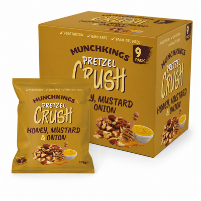Munchkings Pretzels Honey Mustard & Onion Box featuring crunchy pretzel snacks in a pack of nine.