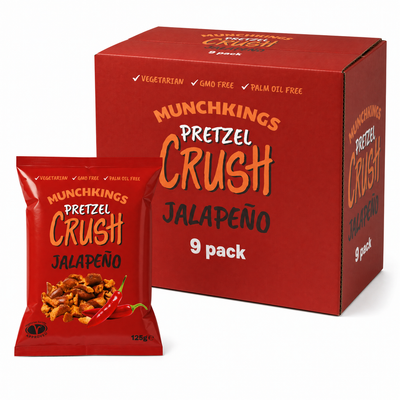 Munchkings Pretzels Jalapeno Box with 9 packs of crunchy jalapeno-flavored pretzels