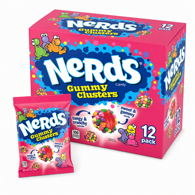 Nerds Gummy Clusters Rainbow Box featuring a pack and box of chewy gummy candy.