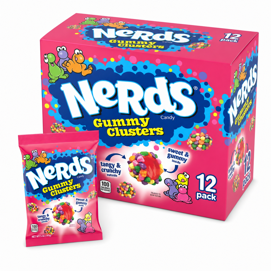 Nerds Gummy Clusters Rainbow Box featuring a pack and box of chewy gummy candy.