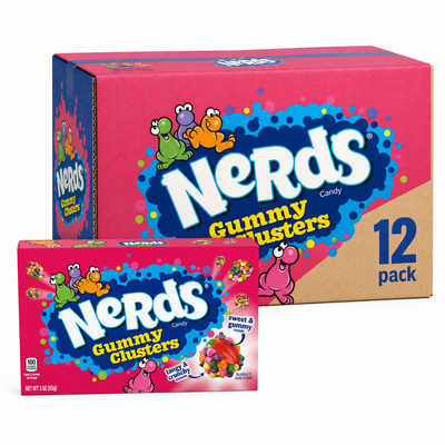 Nerds Gummy Clusters Theatre Box and 12 pack of chewy, tangy candies perfect for sharing.