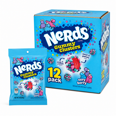 Nerds Gummy Clusters Verry Berry Box with assorted gummy clusters and colorful packaging.