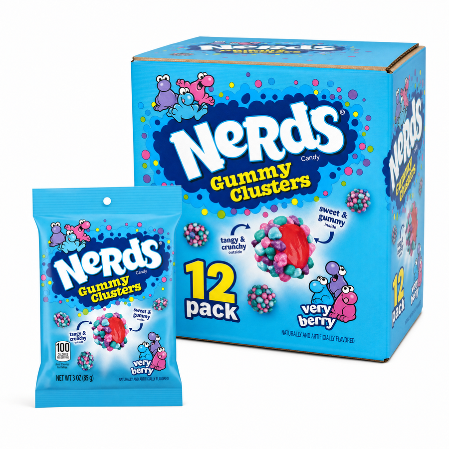 Nerds Gummy Clusters Verry Berry Box with assorted gummy clusters and colorful packaging.