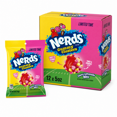 Nerds Limited Edition Cherry Lemonade Gummy Clusters 5oz Box packaging with colorful design and chewy candy.
