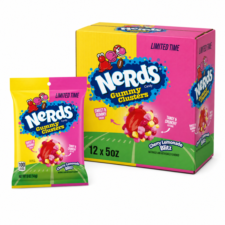 Nerds Limited Edition Cherry Lemonade Gummy Clusters 5oz Box packaging with colorful design and chewy candy.