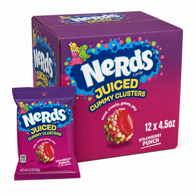 Nerds Strawberry Punch Juiced Gummy Clusters 4.5oz Box featuring a vibrant packaging design with real fruit juice.