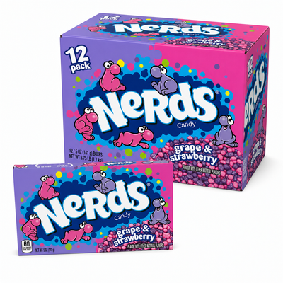 Nerds Theatre Box Grape and Strawberry Box packaging with 12 count and vibrant graphics.
