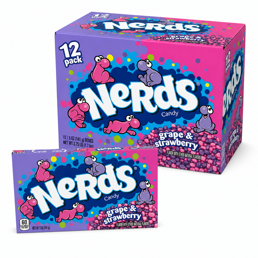 Nerds Theatre Box Grape and Strawberry Box packaging with 12 count and vibrant graphics.