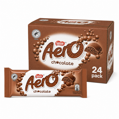 Nestle Aero Bubbly Bar Milk Box featuring a 24 pack of smooth, bubbly milk chocolate bars.