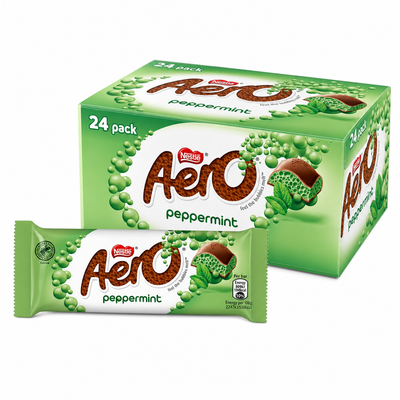 Nestle Aero Bubbly Bar Peppermint Box displayed with a 24 pack of minty chocolate bars.