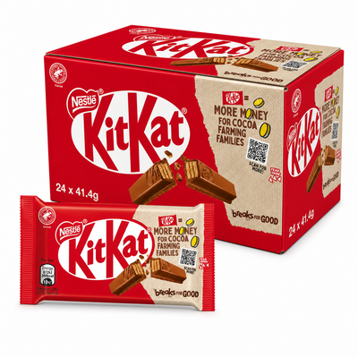 Nestle Kit Kat 4-Finger 41.4g Box featuring a 24-pack with individual bars.