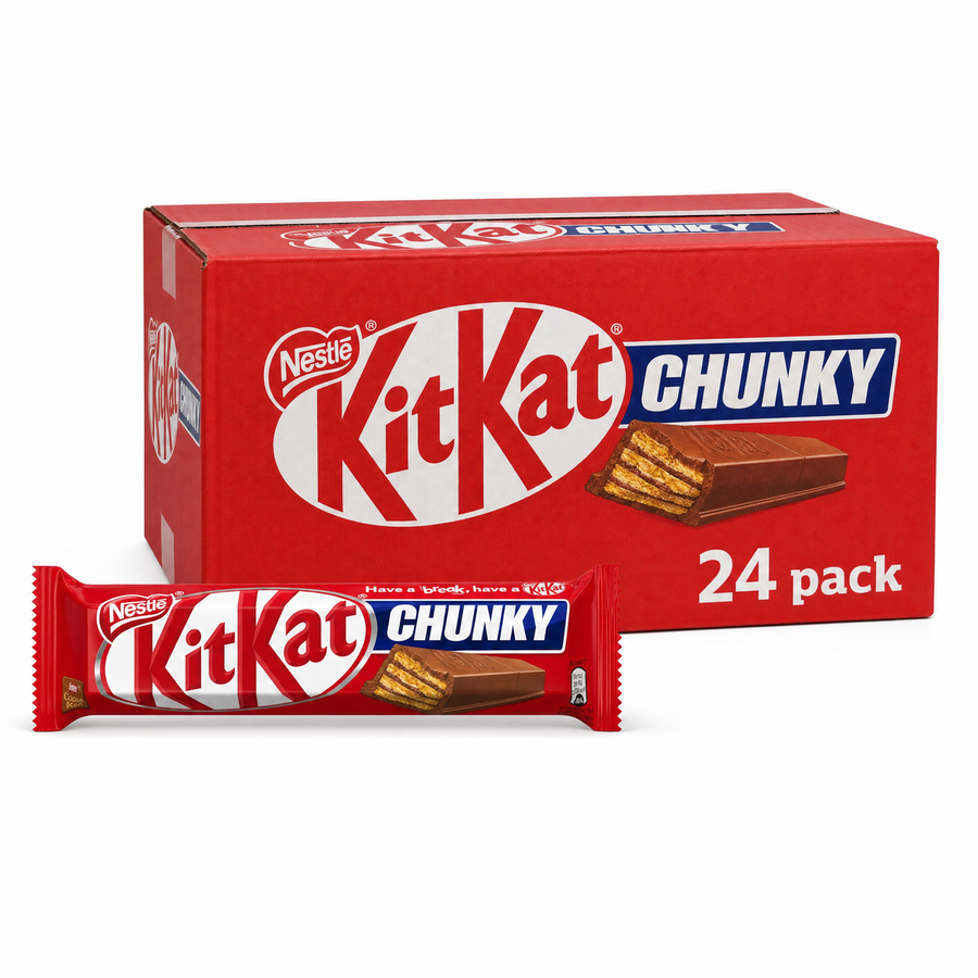 Nestle Kit Kat Chunky Box with 24 individually wrapped Kit Kat Chunky bars displayed in front.